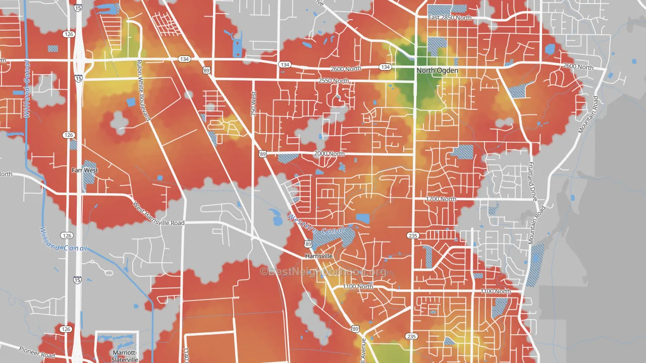 Walk Grade map of Harrisville, UT, walkable areas in green and car-dependent areas in red