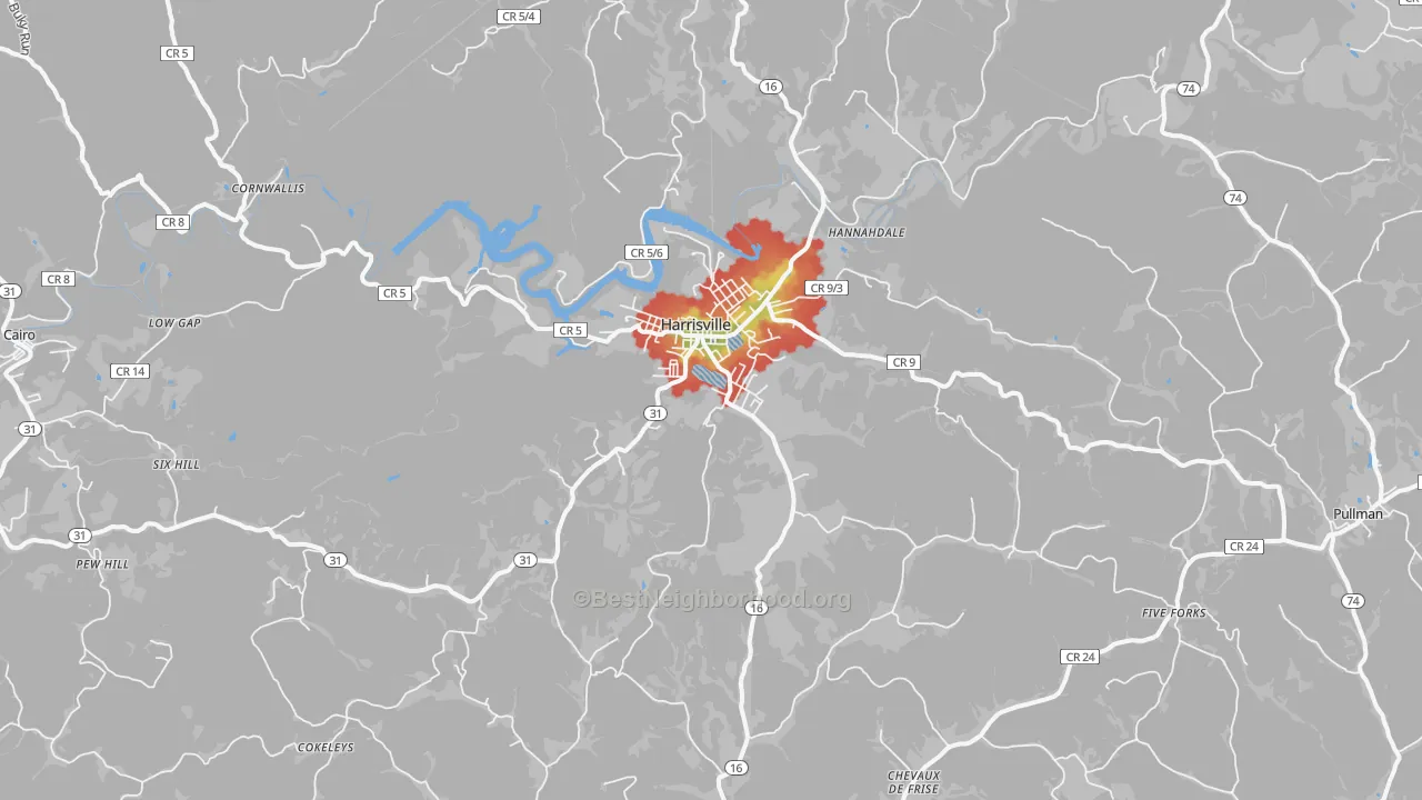 Walk Grade map of Harrisville, WV, walkable areas in green and car-dependent areas in red