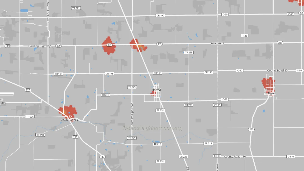 Walk Grade map of Harrod, OH, walkable areas in green and car-dependent areas in red