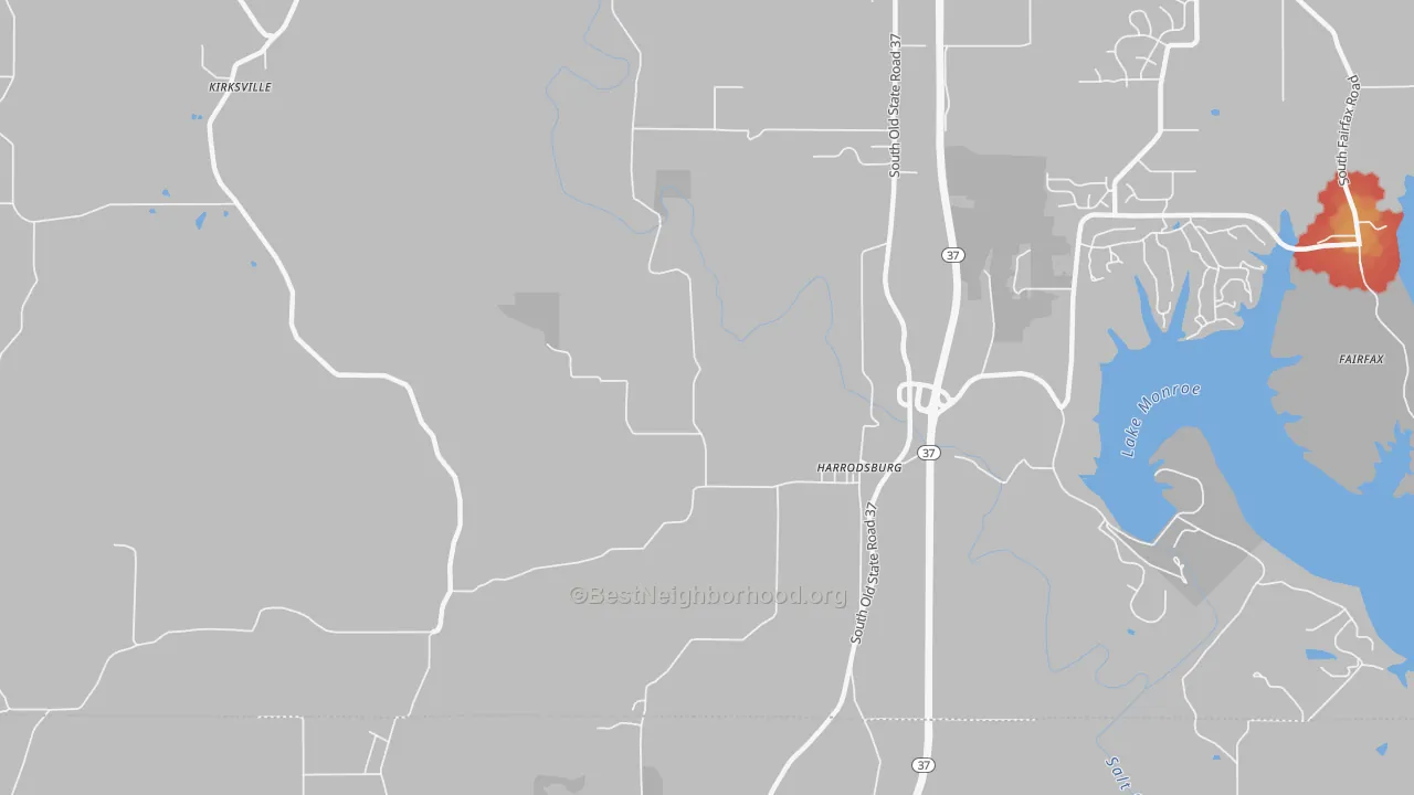 Walk Grade map of Harrodsburg, IN, walkable areas in green and car-dependent areas in red