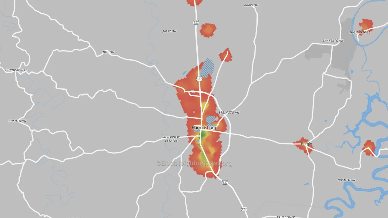 Walk Grade map of Harrodsburg, KY, walkable areas in green and car-dependent areas in red