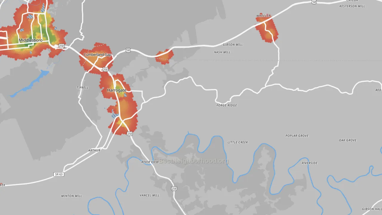 Walk Grade map of Harrogate, TN, walkable areas in green and car-dependent areas in red