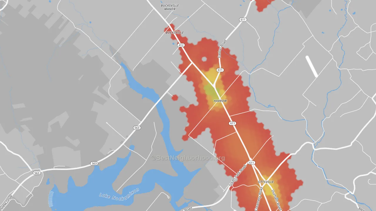 Walk Grade map of Harrow, PA, walkable areas in green and car-dependent areas in red