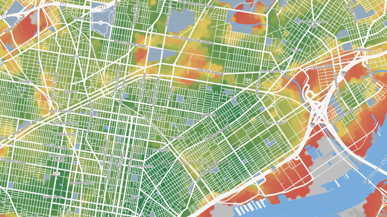 Walk Grade map of Harrowgate, Philadelphia, PA, walkable areas in green and car-dependent areas in red