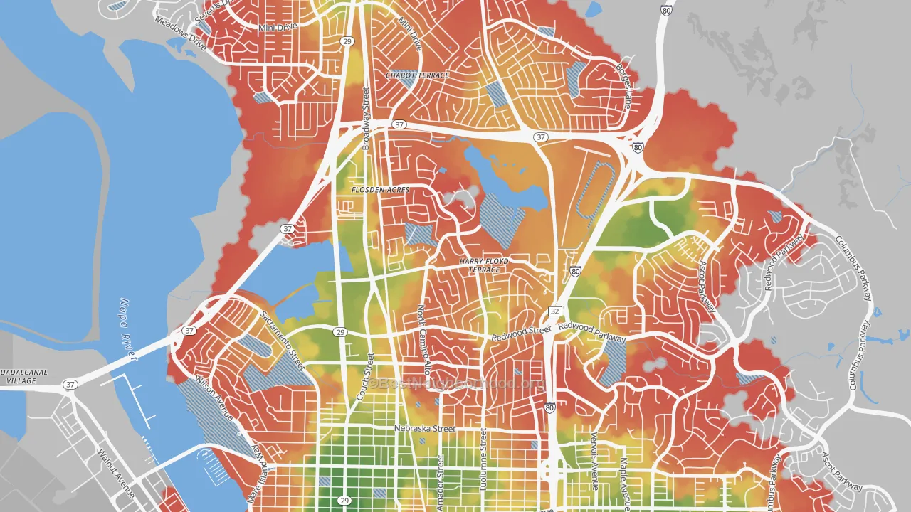 Walk Grade map of Harry Floyd Terrace, Vallejo, CA, walkable areas in green and car-dependent areas in red