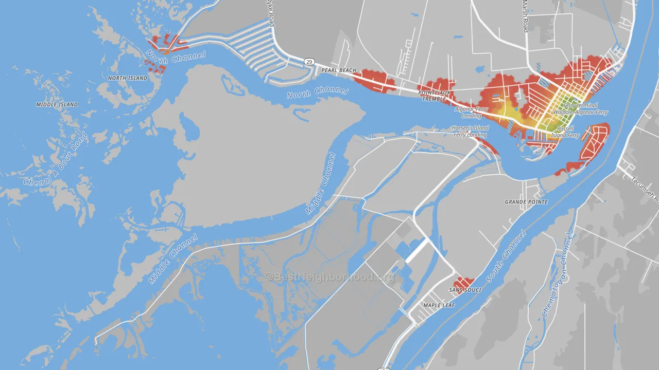 Walk Grade map of Harsens Island, MI, walkable areas in green and car-dependent areas in red