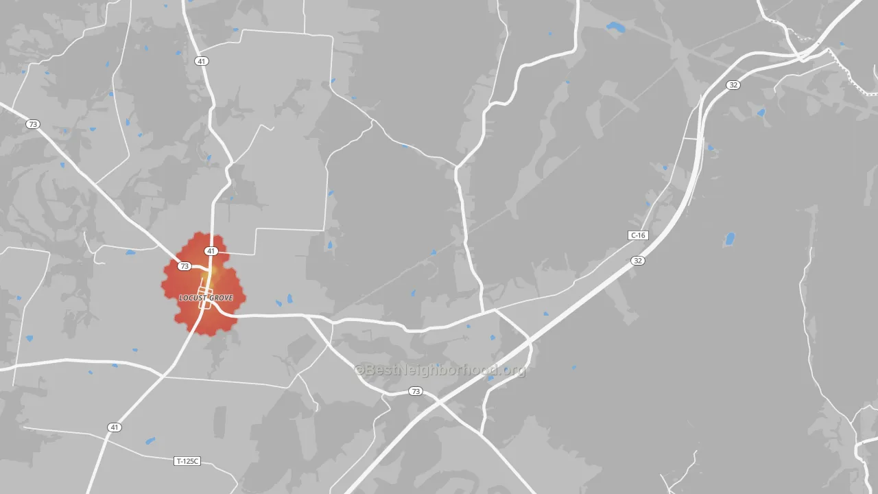 Walk Grade map of Harshasville, OH, walkable areas in green and car-dependent areas in red