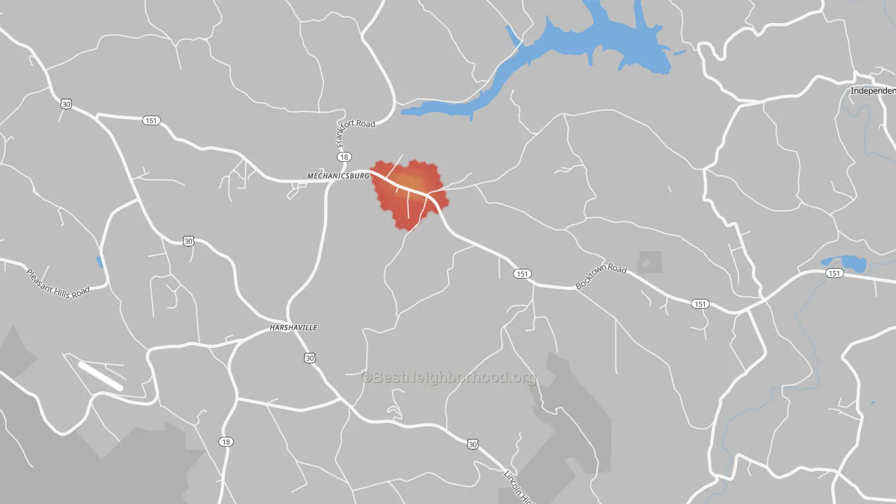 Walk Grade map of Harshaville, PA, walkable areas in green and car-dependent areas in red