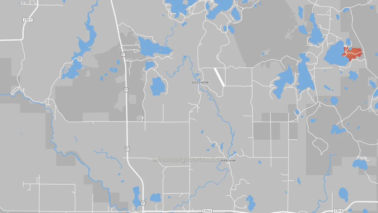 Walk Grade map of Harshaw, WI, walkable areas in green and car-dependent areas in red