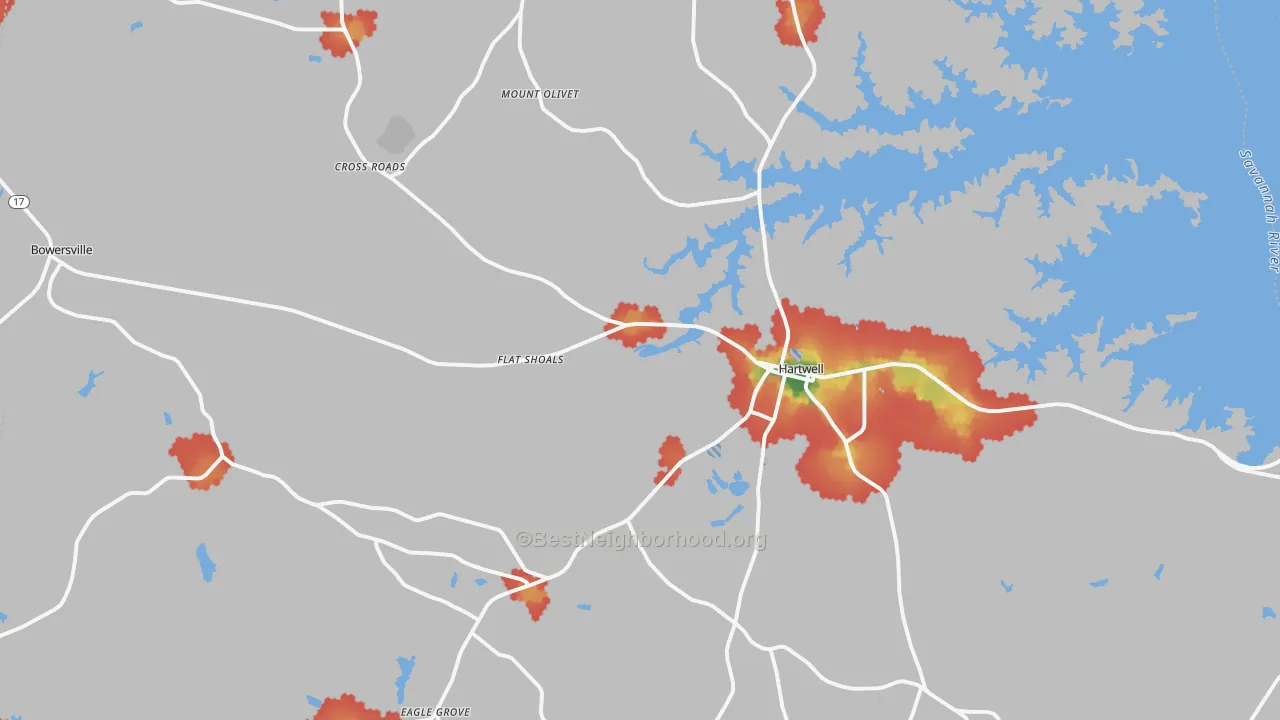 Walk Grade map of Hart County, GA, walkable areas in green and car-dependent areas in red