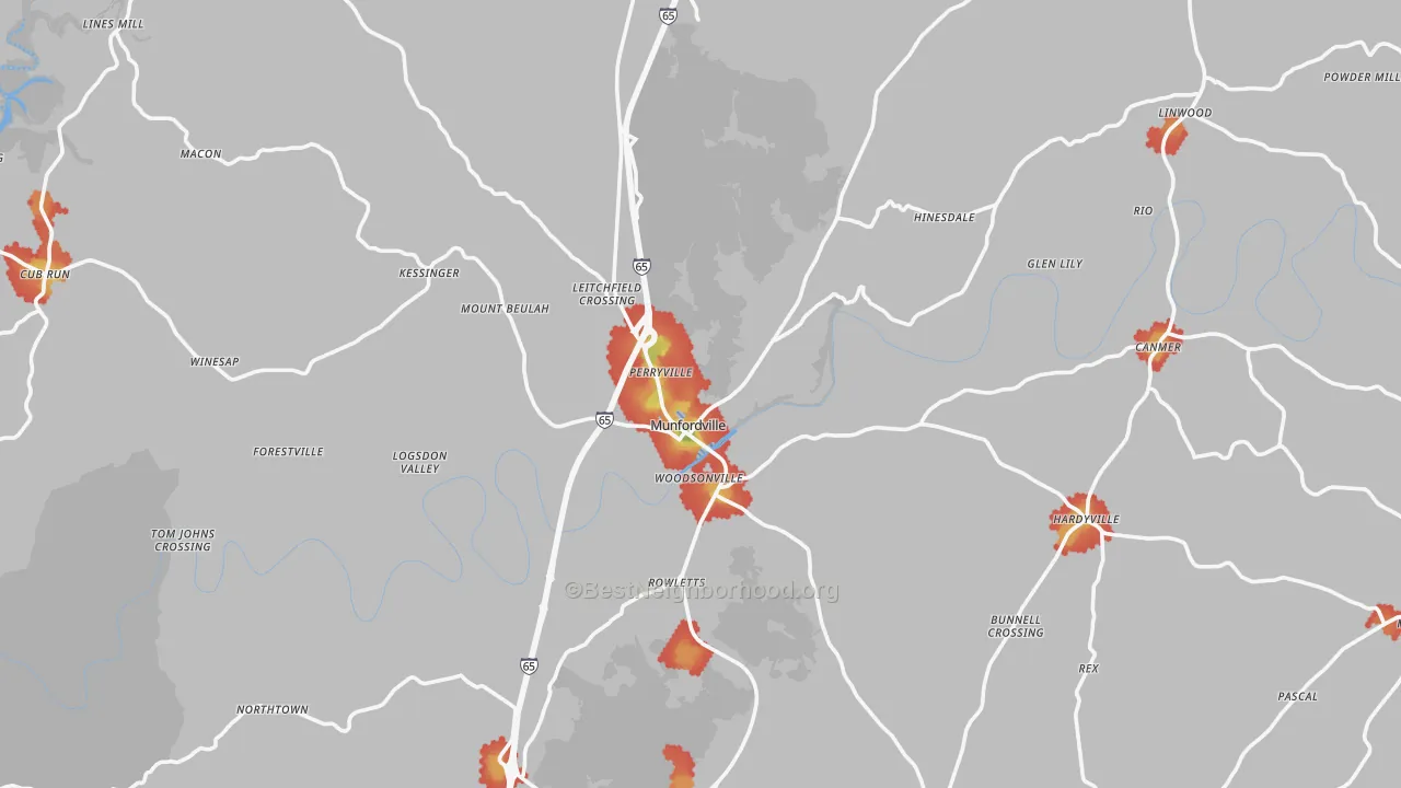 Walk Grade map of Hart County, KY, walkable areas in green and car-dependent areas in red