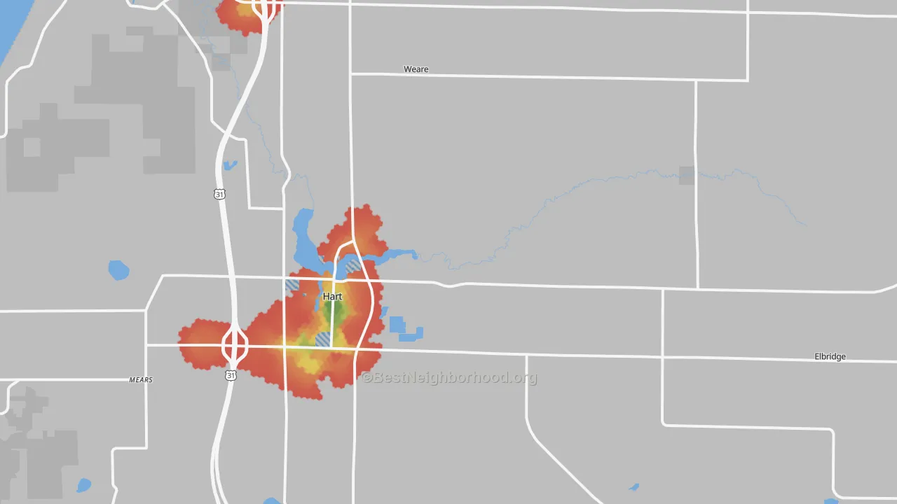 Walk Grade map of Hart, MI, walkable areas in green and car-dependent areas in red