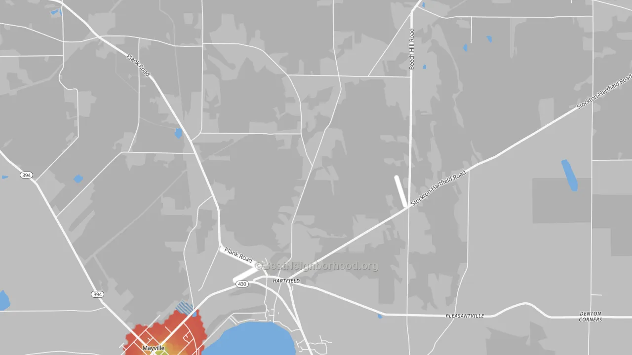 Walk Grade map of Hartfield, NY, walkable areas in green and car-dependent areas in red