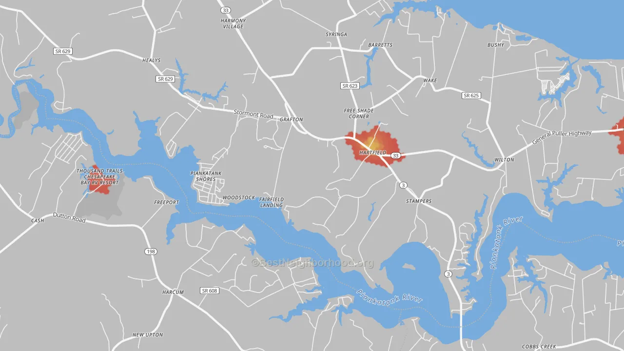 Walk Grade map of Hartfield, VA, walkable areas in green and car-dependent areas in red