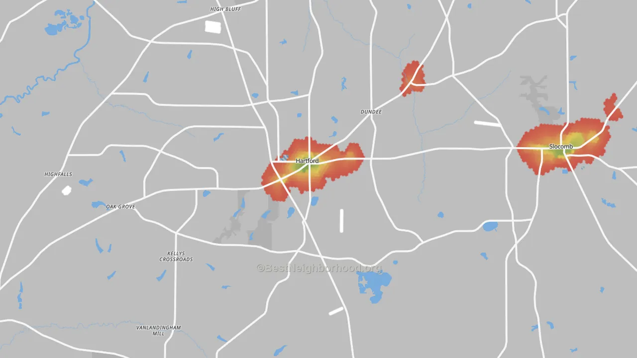 Walk Grade map of Hartford, AL, walkable areas in green and car-dependent areas in red