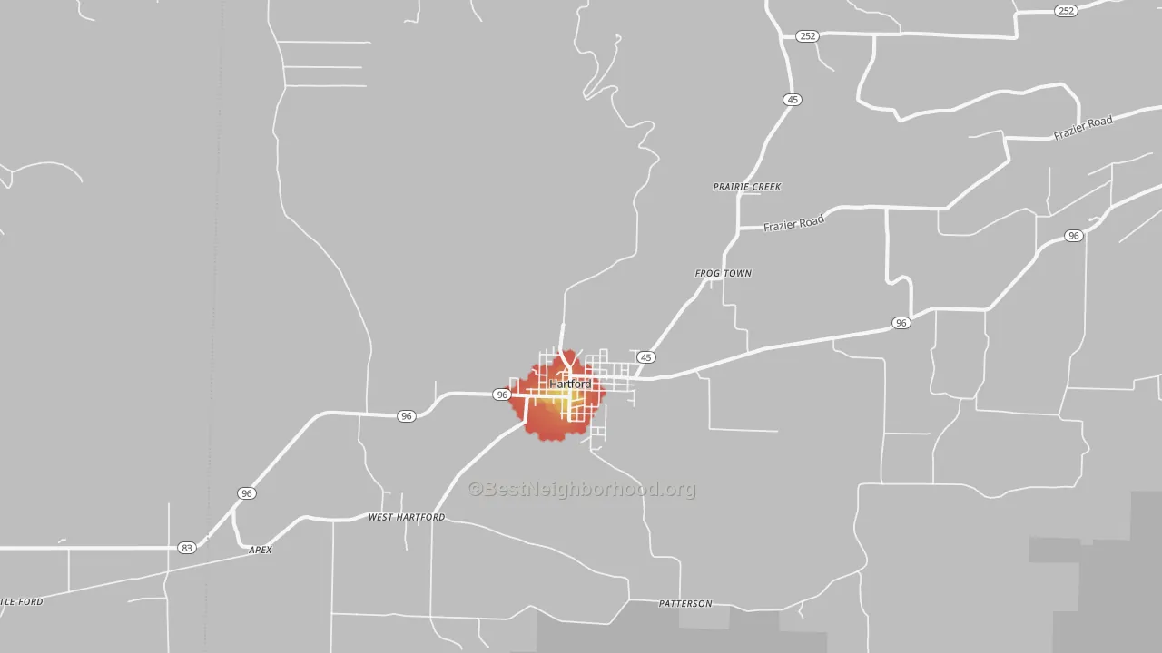Walk Grade map of Hartford, AR, walkable areas in green and car-dependent areas in red