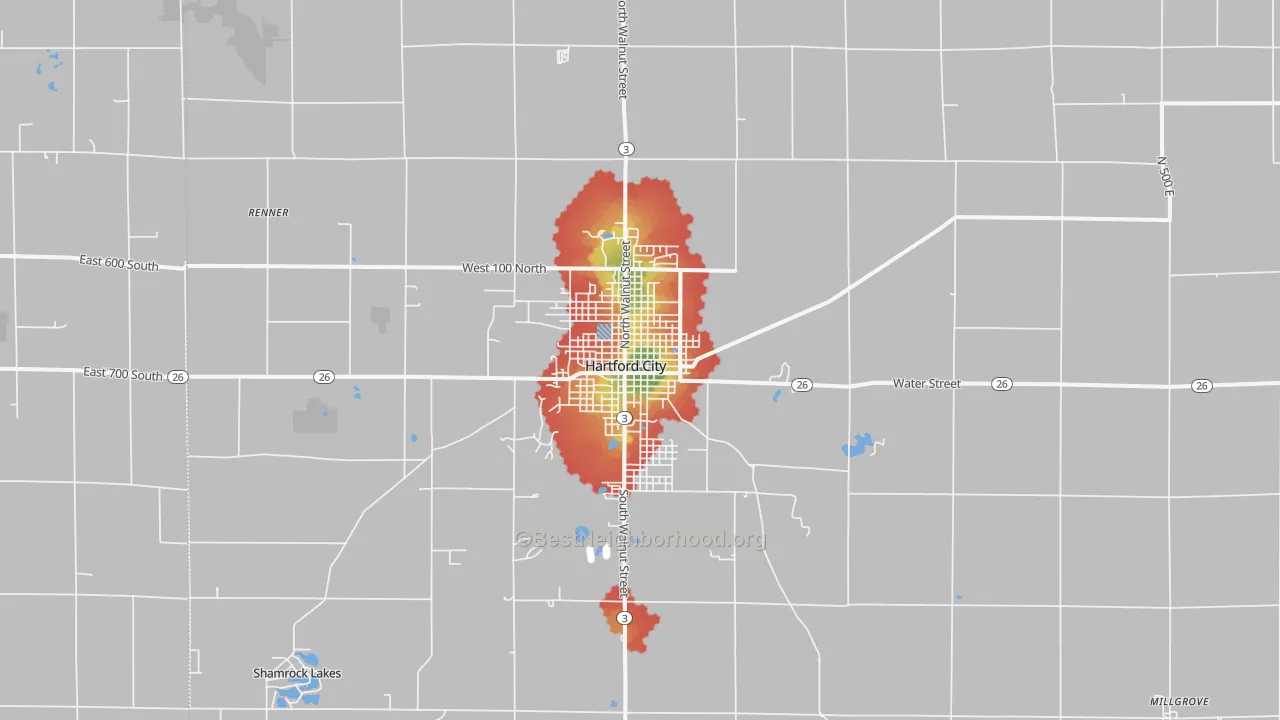 Walk Grade map of Hartford City, IN, walkable areas in green and car-dependent areas in red