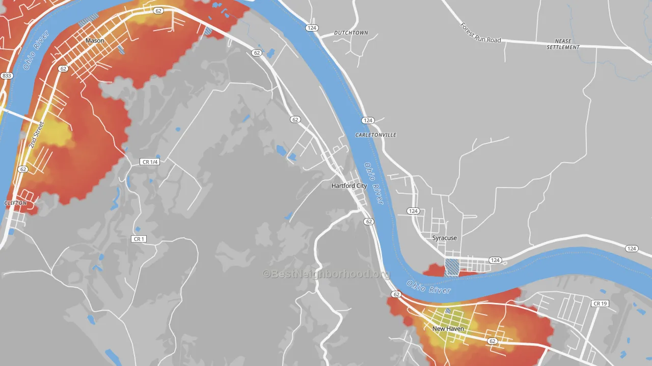 Walk Grade map of Hartford City, WV, walkable areas in green and car-dependent areas in red