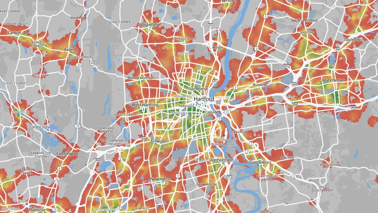 Walk Grade map of Hartford, CT, walkable areas in green and car-dependent areas in red