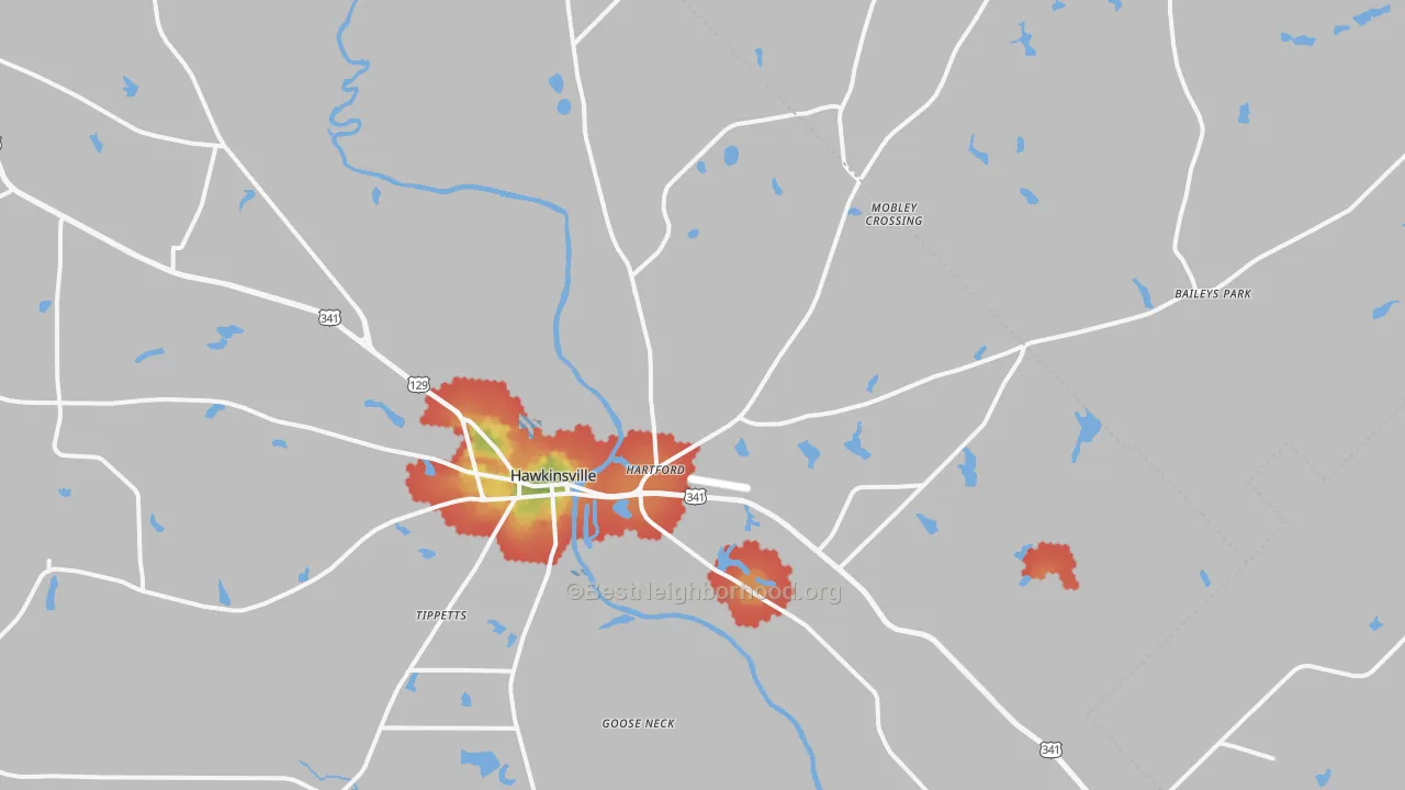 Walk Grade map of Hartford, GA, walkable areas in green and car-dependent areas in red