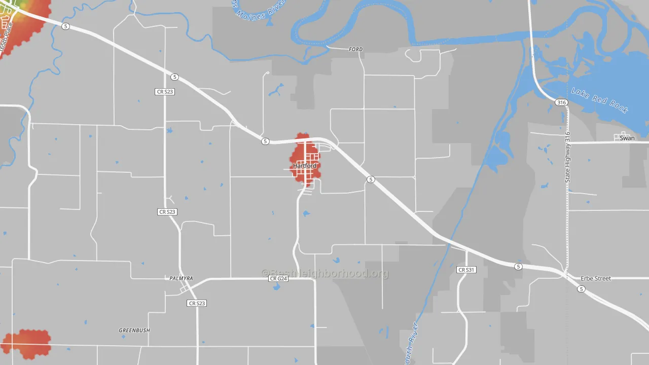 Walk Grade map of Hartford, IA, walkable areas in green and car-dependent areas in red