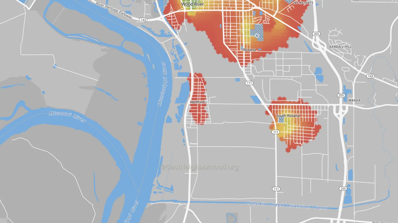 Walk Grade map of Hartford, IL, walkable areas in green and car-dependent areas in red
