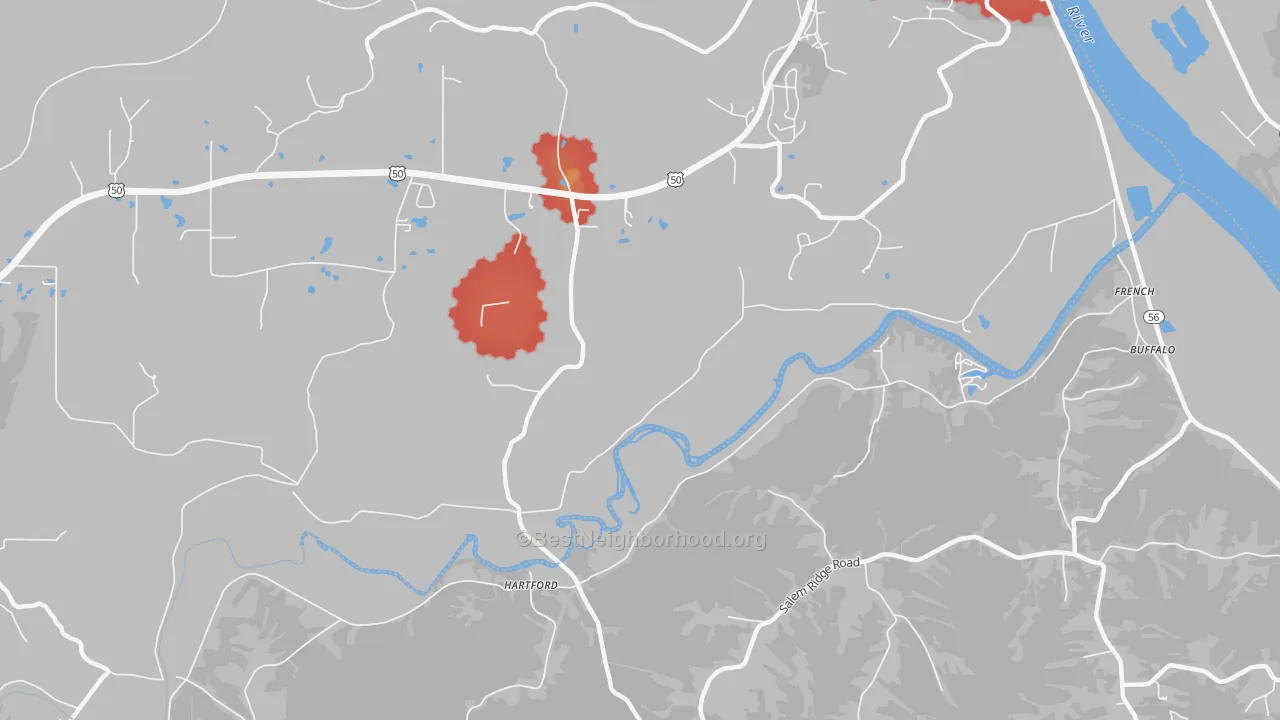 Walk Grade map of Hartford, IN, walkable areas in green and car-dependent areas in red