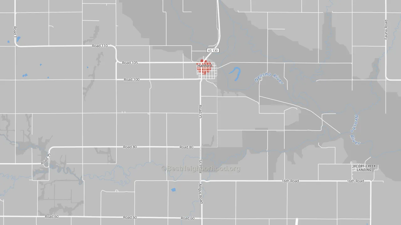 Walk Grade map of Hartford, KS, walkable areas in green and car-dependent areas in red