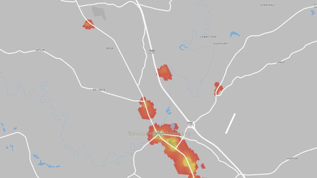 Walk Grade map of Hartford, KY, walkable areas in green and car-dependent areas in red