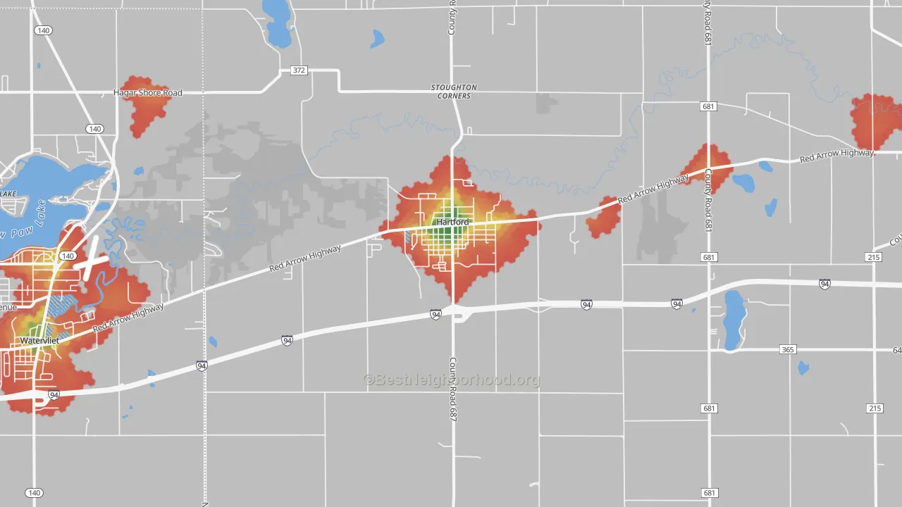 Walk Grade map of Hartford, MI, walkable areas in green and car-dependent areas in red