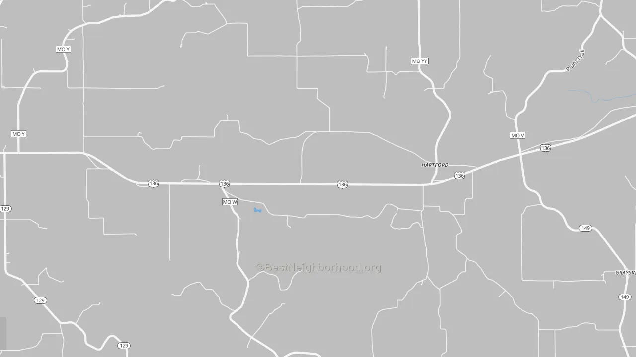 Walk Grade map of Hartford, MO, walkable areas in green and car-dependent areas in red