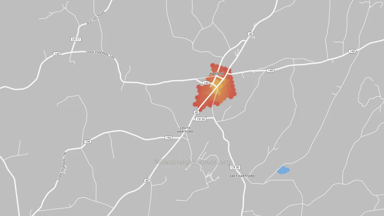 Walk Grade map of Hartford, NY, walkable areas in green and car-dependent areas in red