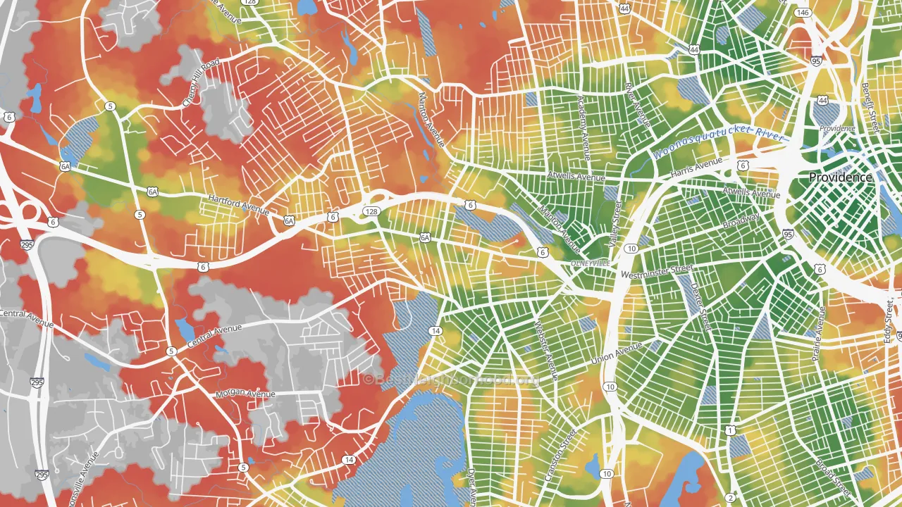 Walk Grade map of Hartford, Providence, RI, walkable areas in green and car-dependent areas in red