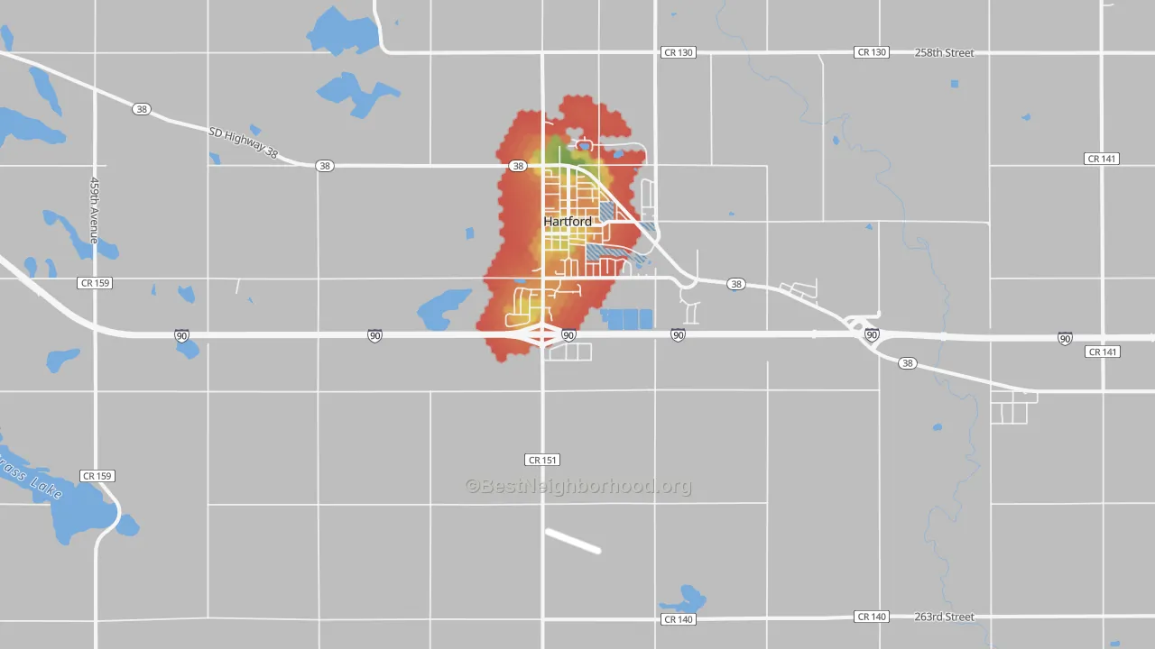 Walk Grade map of Hartford, SD, walkable areas in green and car-dependent areas in red
