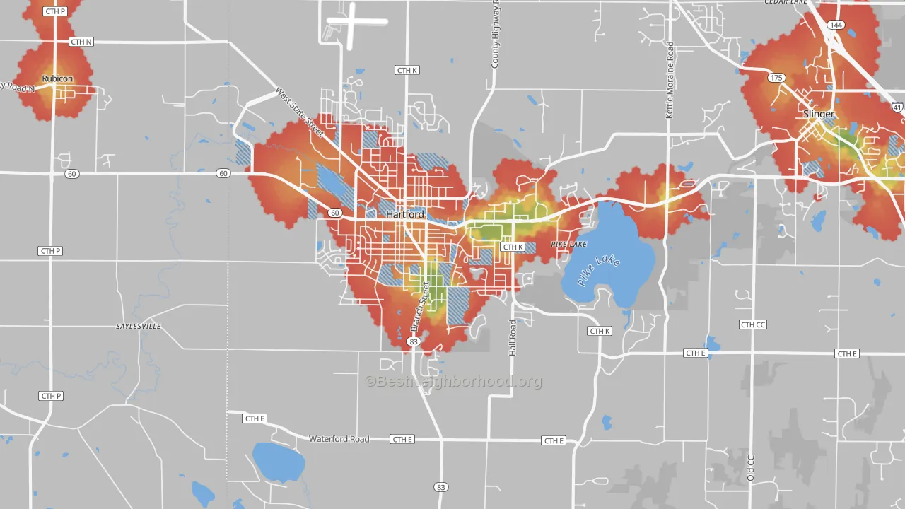 Walk Grade map of Hartford, WI, walkable areas in green and car-dependent areas in red