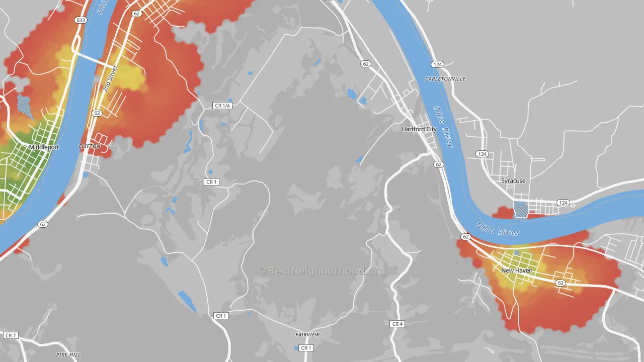 Walk Grade map of Hartford, WV, walkable areas in green and car-dependent areas in red