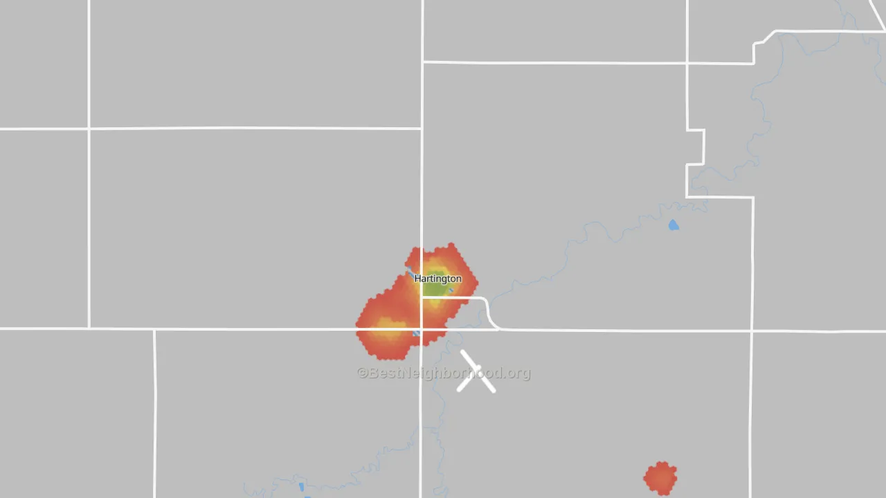 Walk Grade map of Hartington, NE, walkable areas in green and car-dependent areas in red