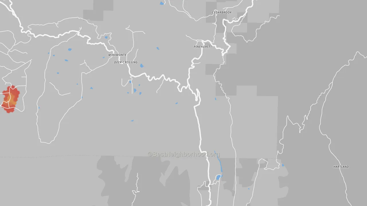 Walk Grade map of Hartland, CA, walkable areas in green and car-dependent areas in red