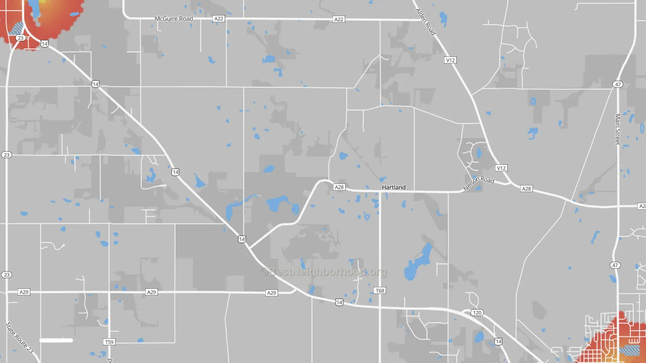Walk Grade map of Hartland, IL, walkable areas in green and car-dependent areas in red