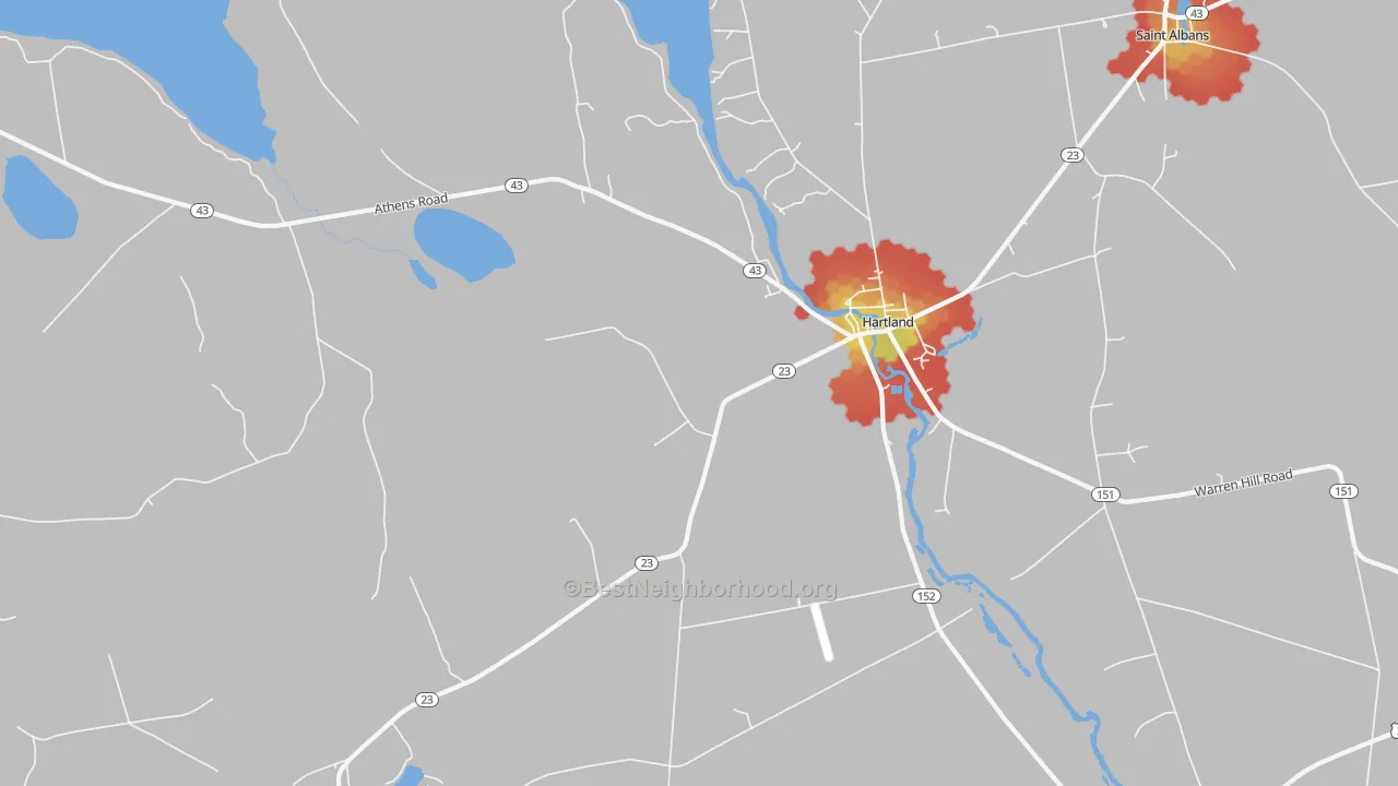 Walk Grade map of Hartland, ME, walkable areas in green and car-dependent areas in red