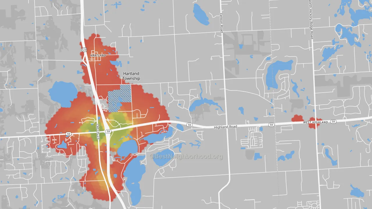 Walk Grade map of Hartland, MI, walkable areas in green and car-dependent areas in red