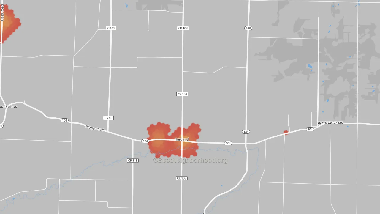 Walk Grade map of Hartland, NY, walkable areas in green and car-dependent areas in red