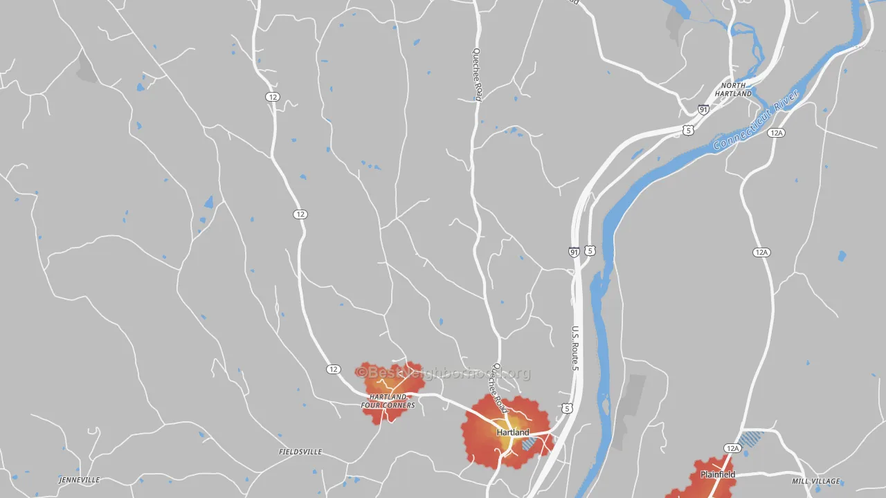 Walk Grade map of Hartland, VT, walkable areas in green and car-dependent areas in red