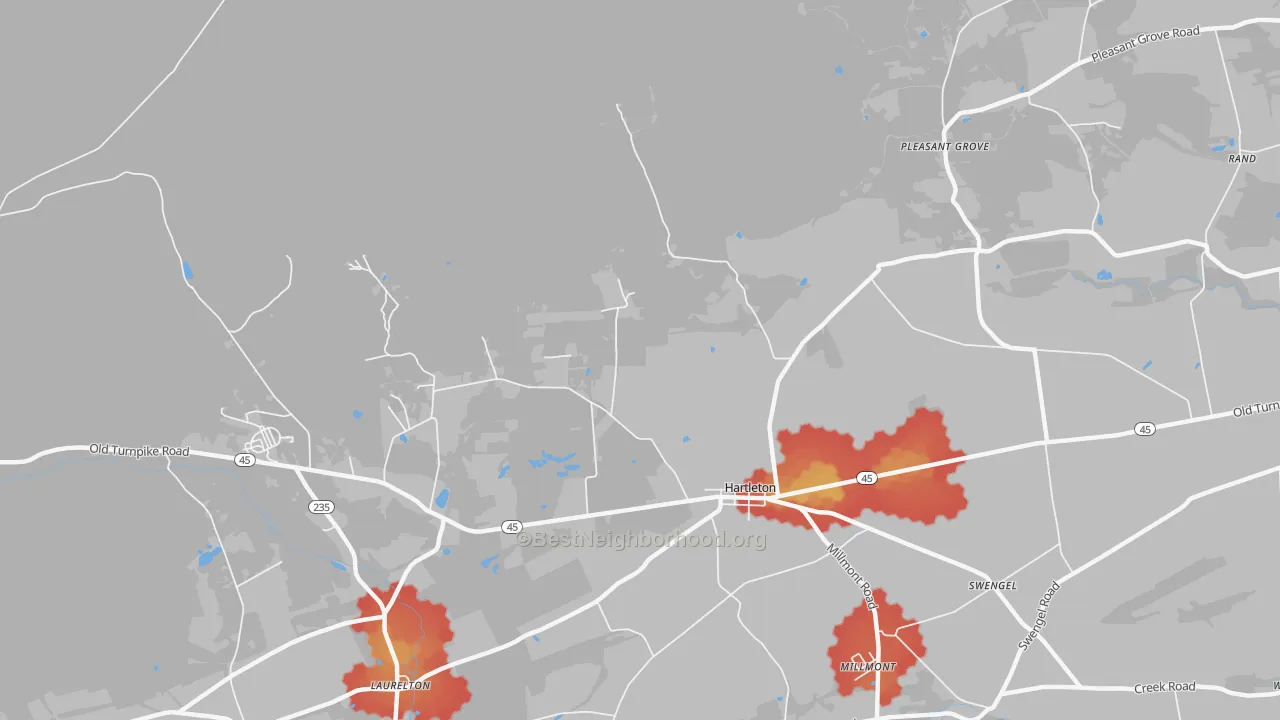 Walk Grade map of Hartleton, PA, walkable areas in green and car-dependent areas in red