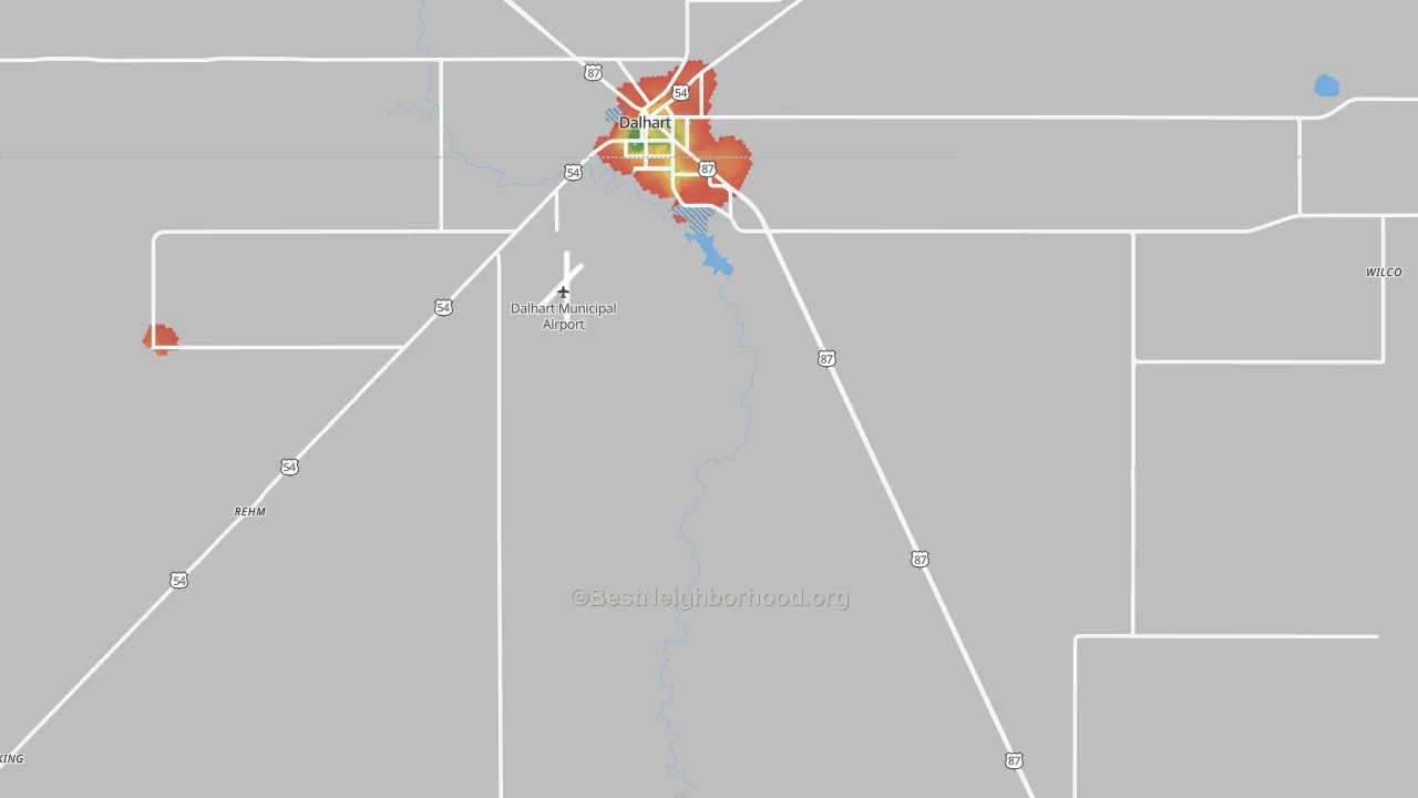 Walk Grade map of Hartley County, TX, walkable areas in green and car-dependent areas in red