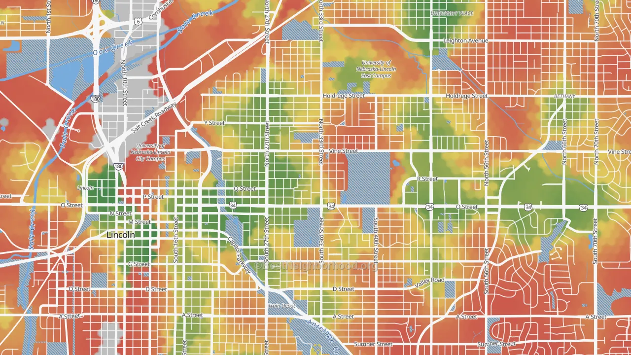 Walk Grade map of Hartley, Lincoln, NE, walkable areas in green and car-dependent areas in red