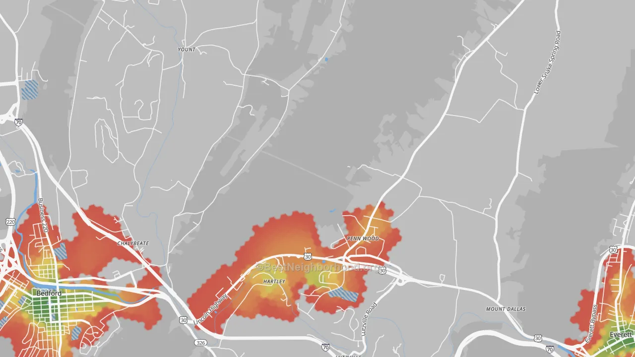 Walk Grade map of Hartley, PA, walkable areas in green and car-dependent areas in red