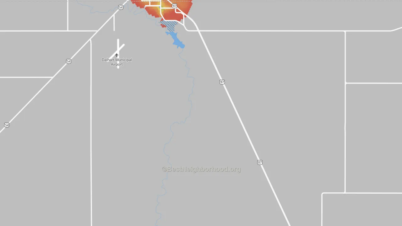 Walk Grade map of Hartley, TX, walkable areas in green and car-dependent areas in red