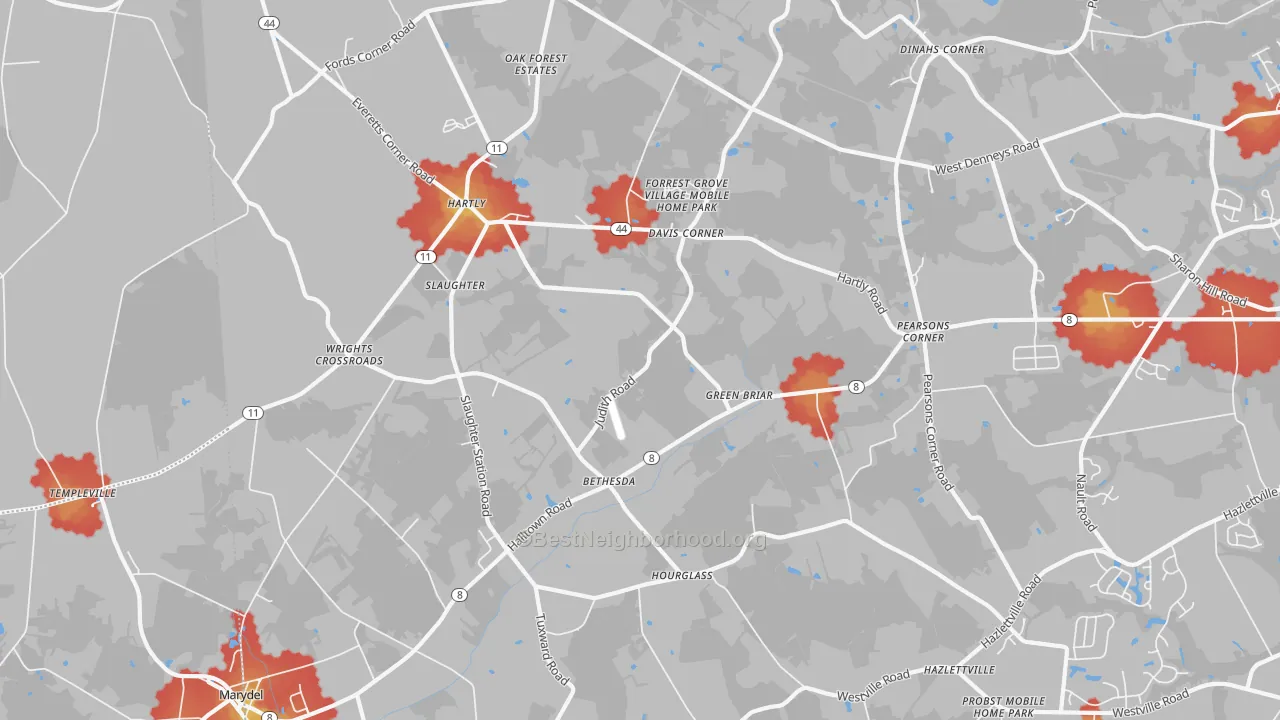 Walk Grade map of Hartly, DE, walkable areas in green and car-dependent areas in red