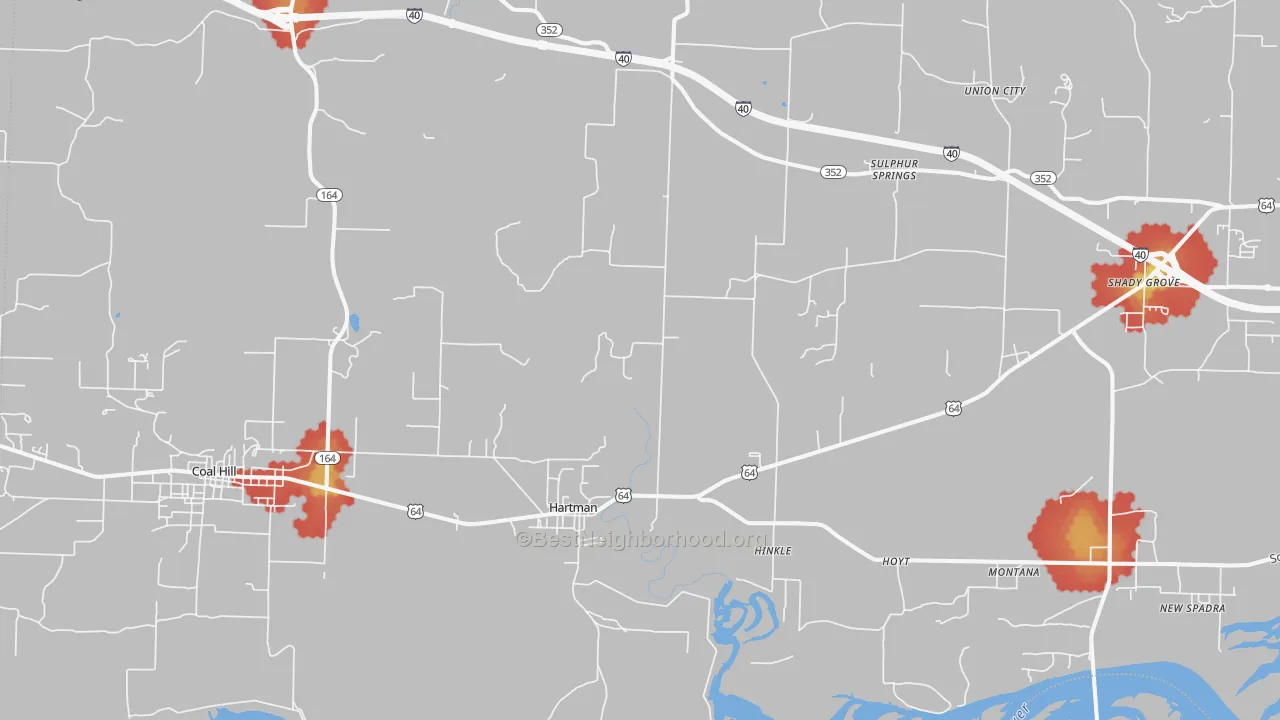 Walk Grade map of Hartman, AR, walkable areas in green and car-dependent areas in red